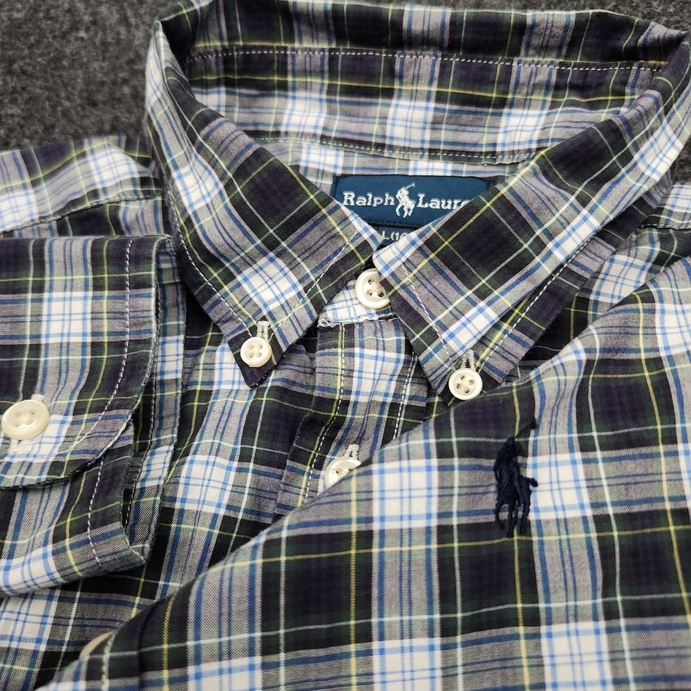 Ralph Lauren Boys Large 14-16 Green Blue Plaid Button Down‎ Shirt